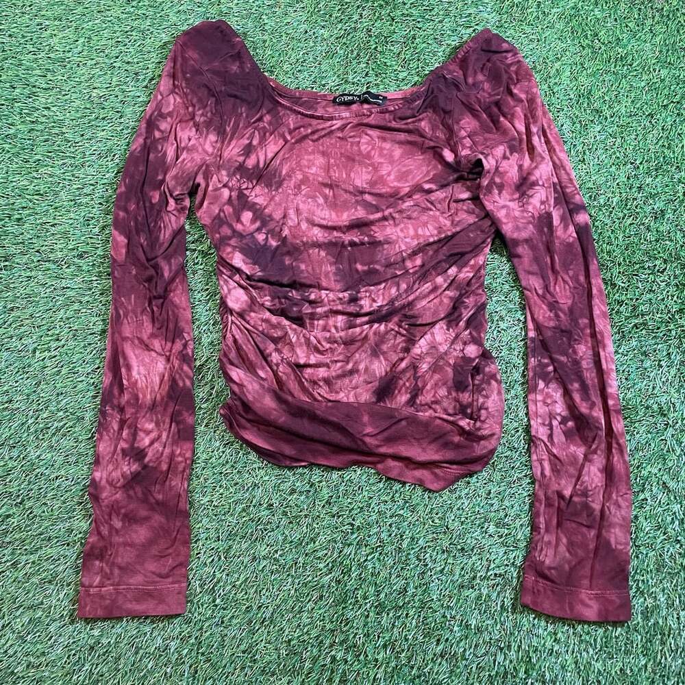 Gypsy 05 Bamboo Spandex Long Sleeve Ruched Top Size M Burgundy Tie Dye
